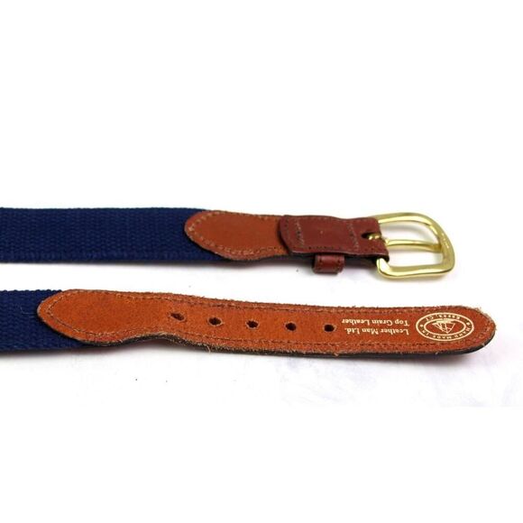 Leather Man BROWN REAL LEATHER BLUE CANVAS 1 1/4"Wd GOLF DRESS MEN BELT 44 (A89 - Picture 12 of 12